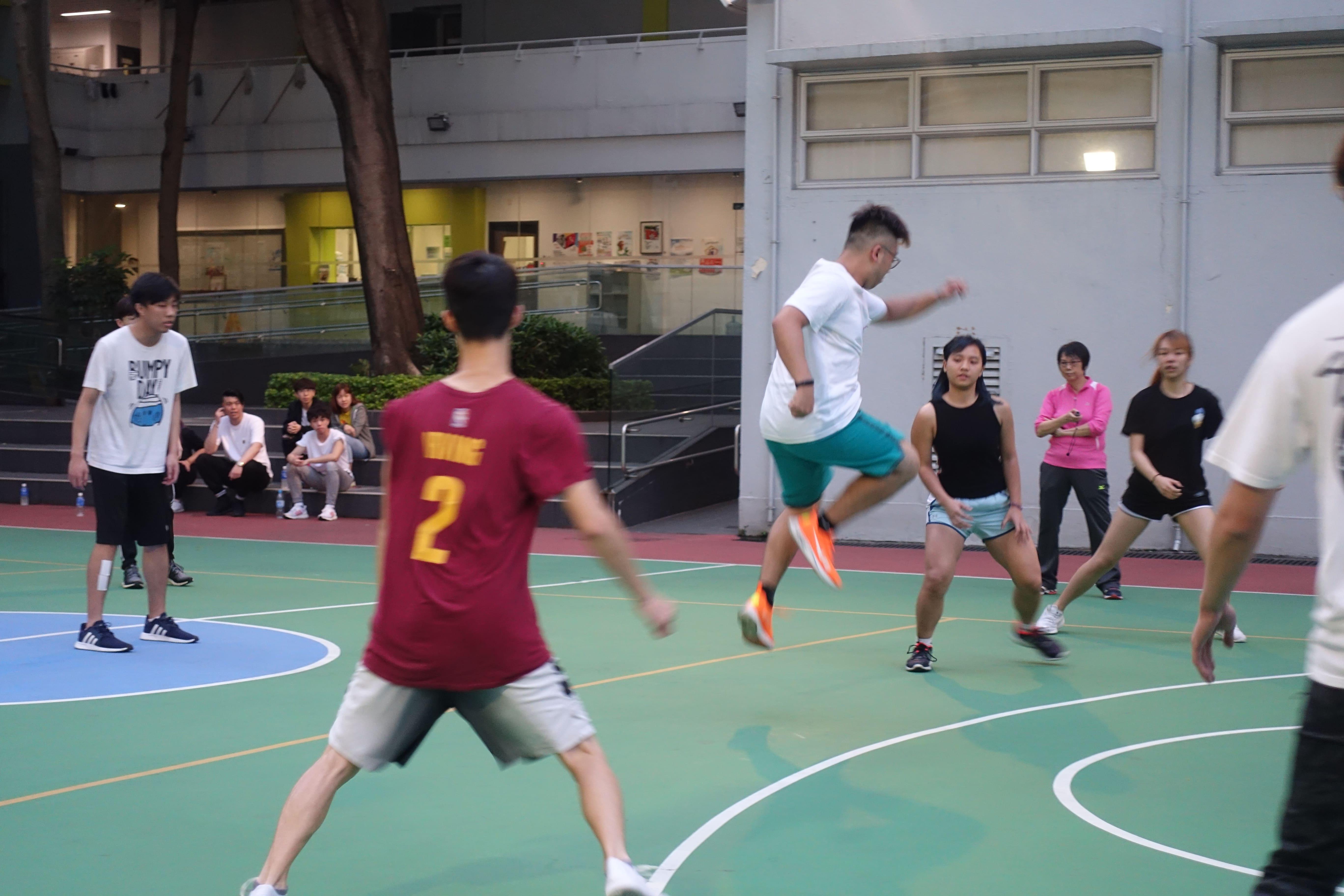 Player did his best for a jump, to win the dodgeball competition 